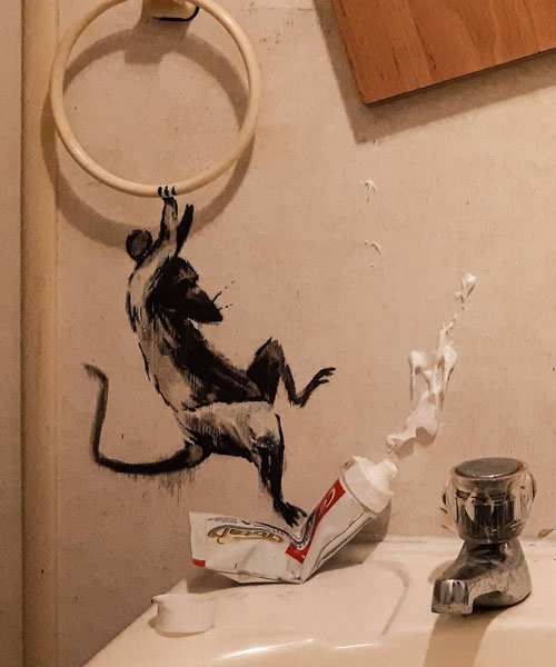 banksy creates lockdown artwork sharing bathroom makeover
