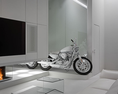 capital construction decorates white penthouse in ukraine with sports bike