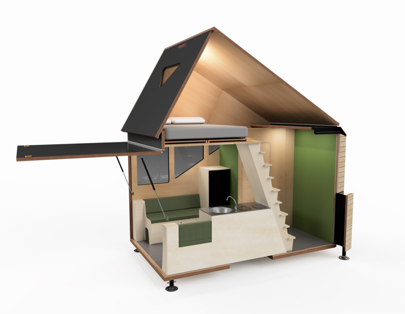 the haaks camper expands to reveal a tiny two storey house