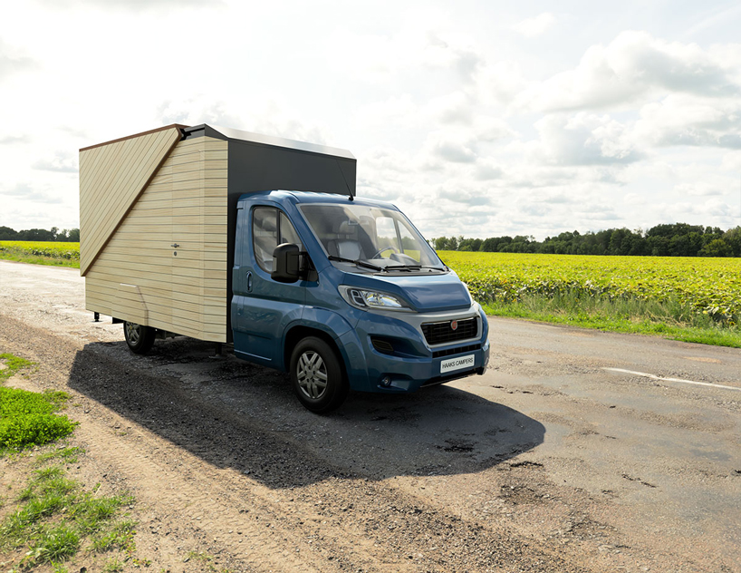 the haaks camper expands to reveal a tiny two storey house