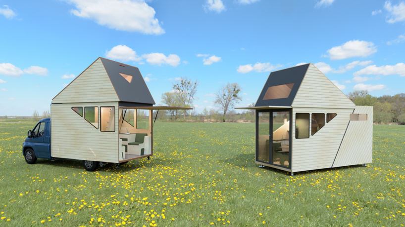 the haaks camper expands to reveal a tiny two storey house