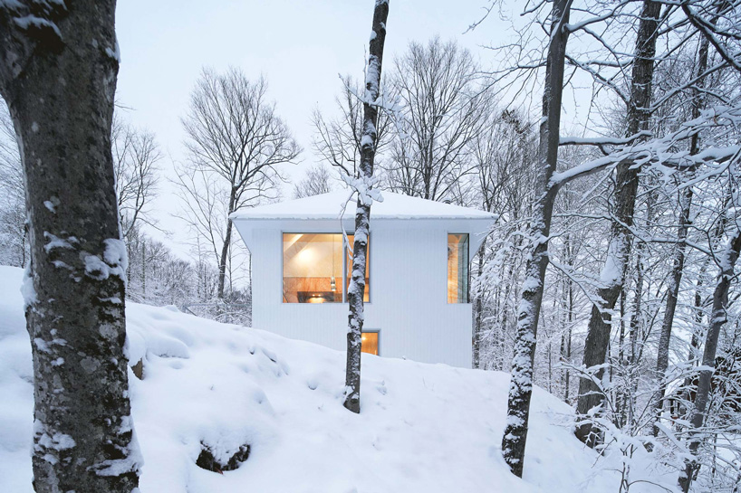 naturehumaine sets monochrome 'poisson blanc' cabin within forest in canada