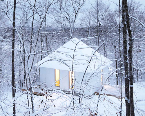 naturehumaine sets monochrome 'poisson blanc' cabin within forest in canada