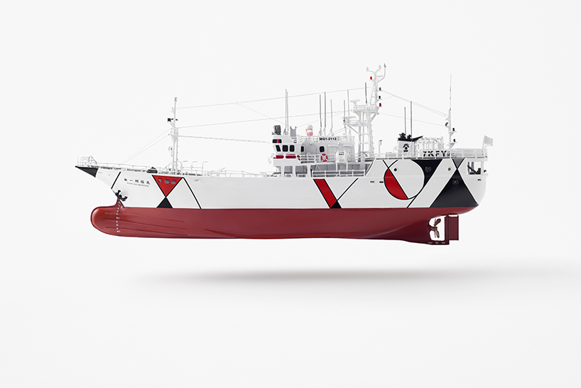 nendo transforms fishing vessel with graphic that recall life ashore