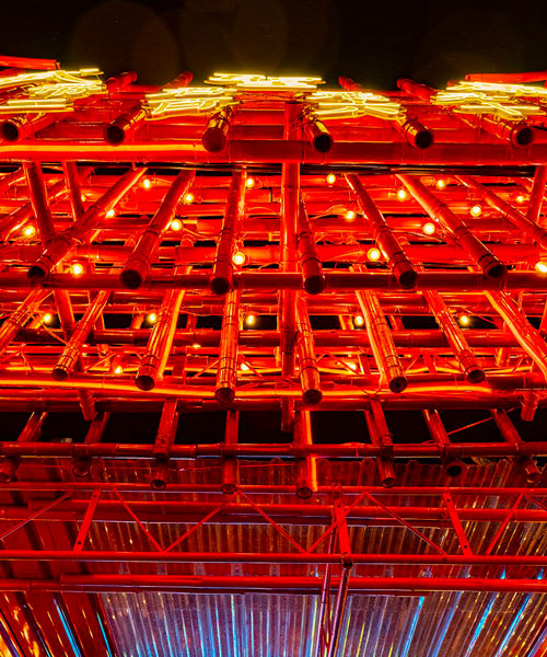 traditional red-painted bamboo scaffolding builds the 'red shine gateway' in taipei 