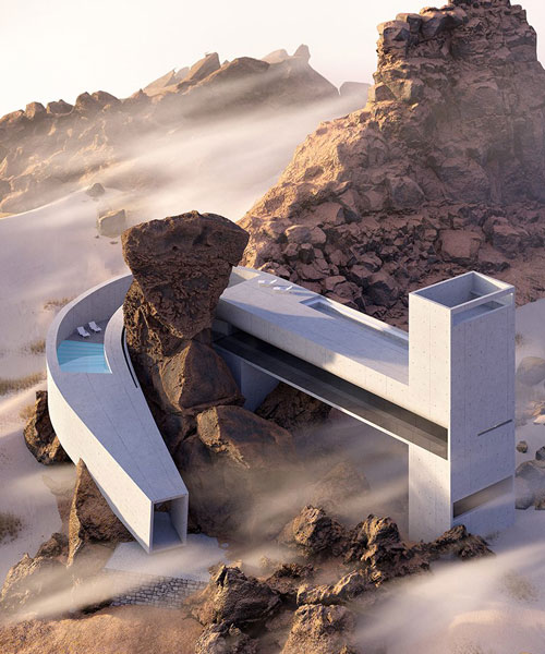a monolithic concrete volume winds around natural rock for 'house in the desert' concept