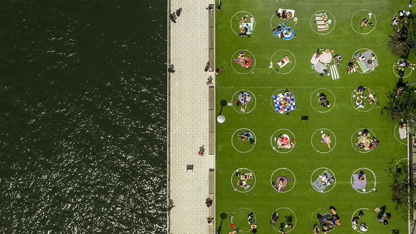 domino park painted circles on the grass to ensure social distancing