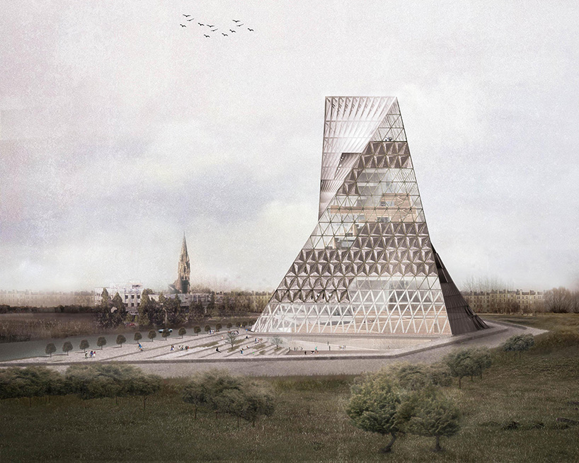 JOA's new library proposal in poland looks like a rotating tower of books