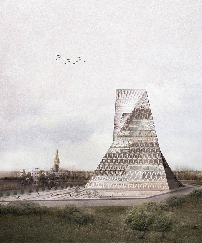 JOA's new library proposal in poland looks like a rotating tower of books
