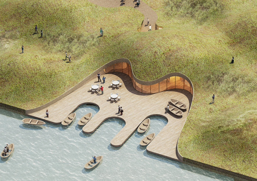 fishermen's wharf pavilion by MADAM architecture will occupy a lakeside dune in china