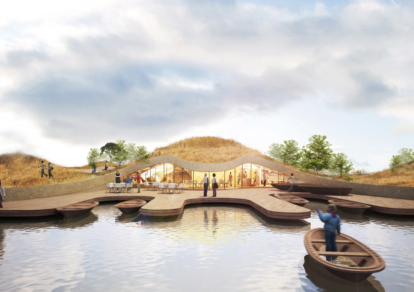 fishermen's wharf pavilion by MADAM architecture will occupy a lakeside dune in china