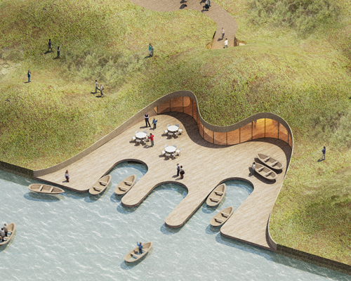 fishermen's wharf pavilion by MADAM architecture will occupy a lakeside dune in china