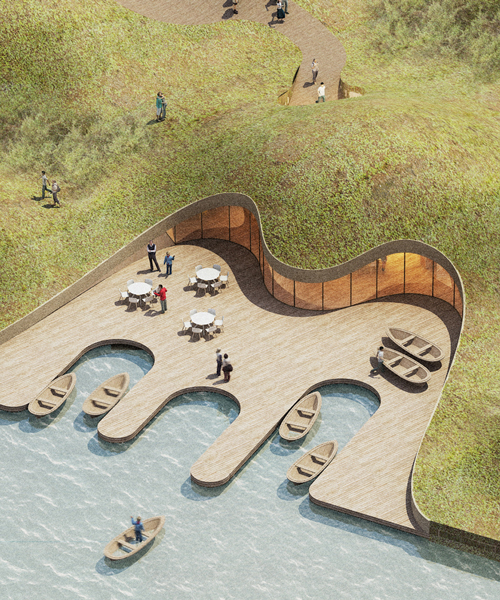 fishermen's wharf pavilion by MADAM architecture will occupy a lakeside dune in china