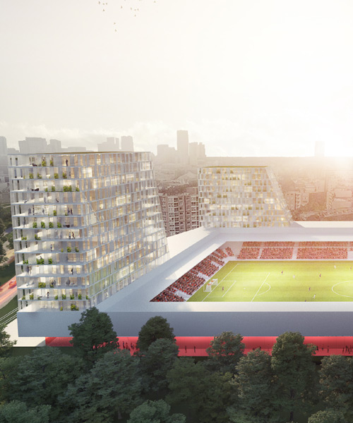 football stadium in the netherlands plans mixed-use towers that rise above the playing field