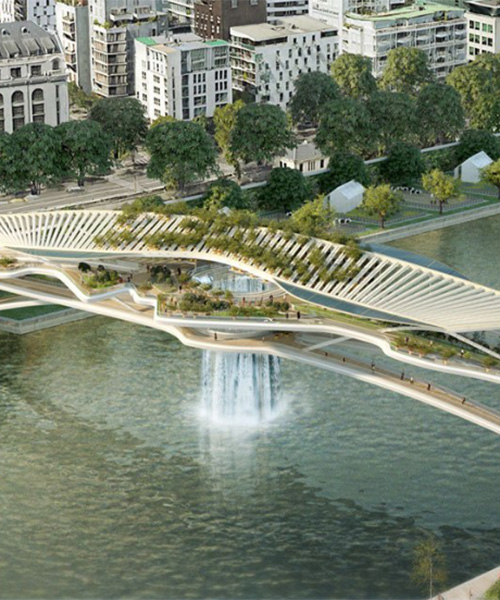 rescubika envisions 'babylon bridge' with waterfall over the seine in paris