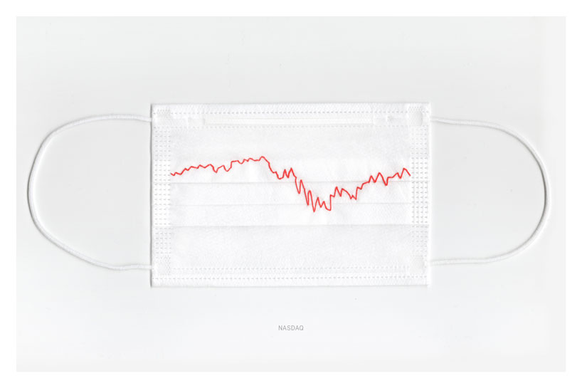 stock markets embroidered on face masks question: our health or our wealth? designboom