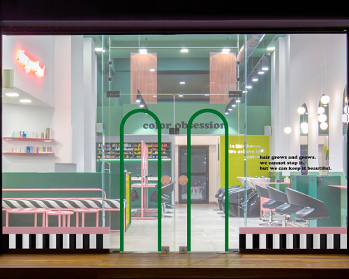 studiomateriality applies bold color palette within hair salon interior in athens, greece
