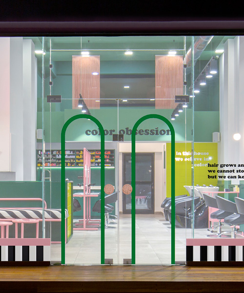 studiomateriality applies bold color palette within hair salon interior in athens, greece
