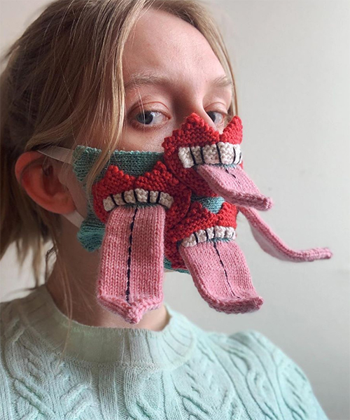 tongue-in-cheek knitted face masks by ýrúrarí scarily enforces social-distancing