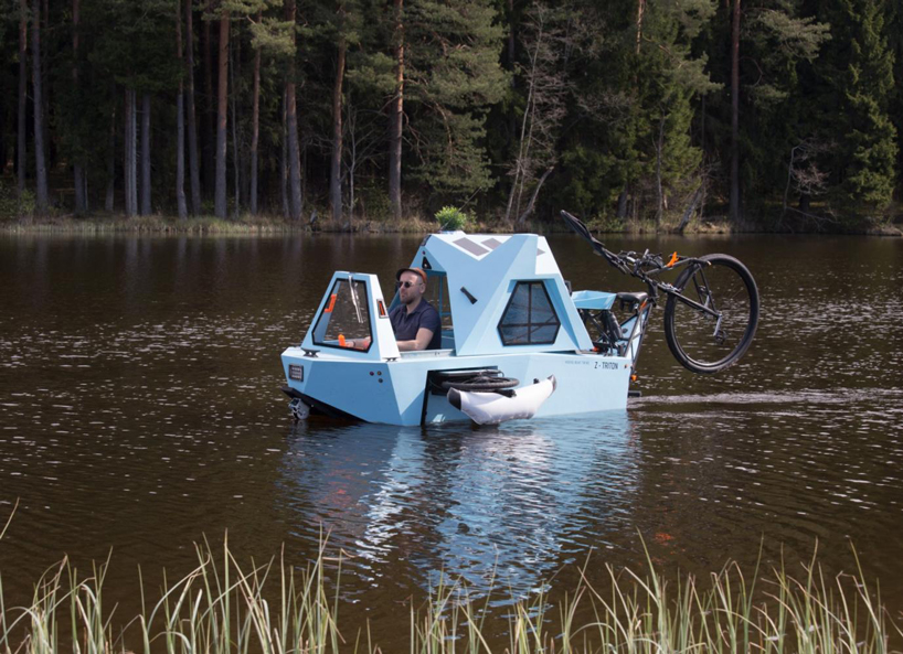 This amphibious e-bike camper turns into a boat for aquatic adventures