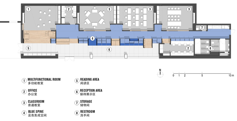 crossboundaries organizes Qkids education space in china around a 'blue spine'