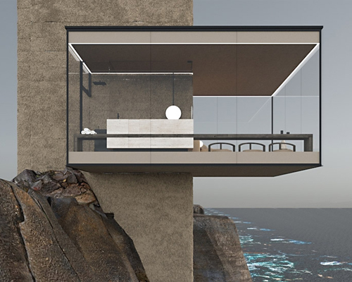 a minimalist glass cabin hovers over a cliff edge, by yakusha design