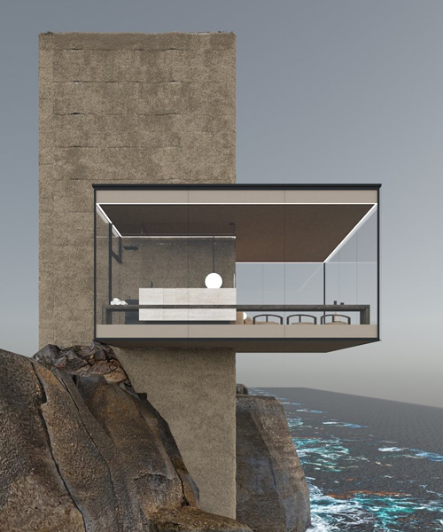 a minimalist glass cabin hovers over a cliff edge, by yakusha design