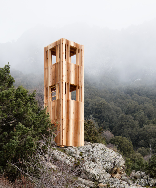 orma architettura's series of timber 'mirador' observatories rise from rocks of corsica