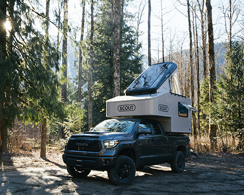 this truck shell by SCOUT campers features detachable camping equipment
