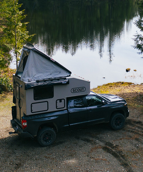 this truck shell by SCOUT campers features detachable camping equipment