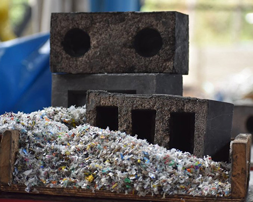 'silica plastic block' is a sustainable brick made from recycled sand + plastic waste