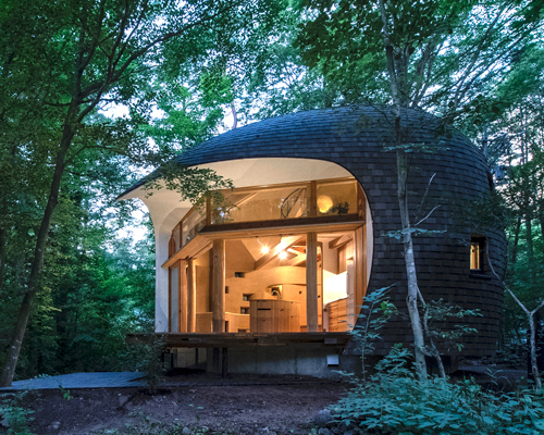 organic timber forms blend tono mirai's shell house into a japanese forest