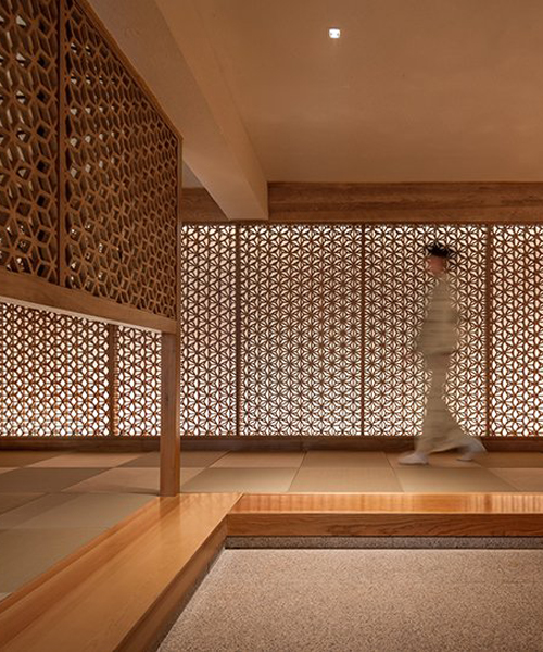 tsutsumi and associates applies a traditional asanoha pattern to japanese restaurant