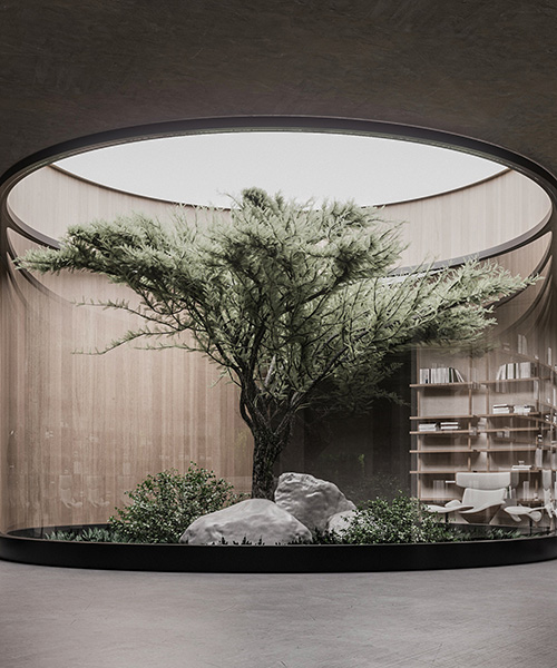 underground bunker 'plan B' features spacious living room with glass-encased tree