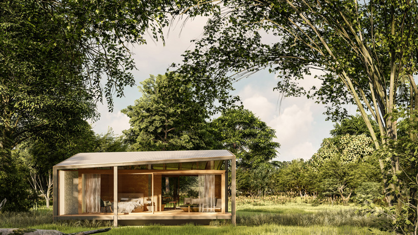 the prefab house is topped with a sloped roof of corrugated sheets