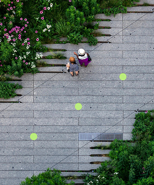 pentagram's paula scher affixes green circles to the high line to promote social distancing