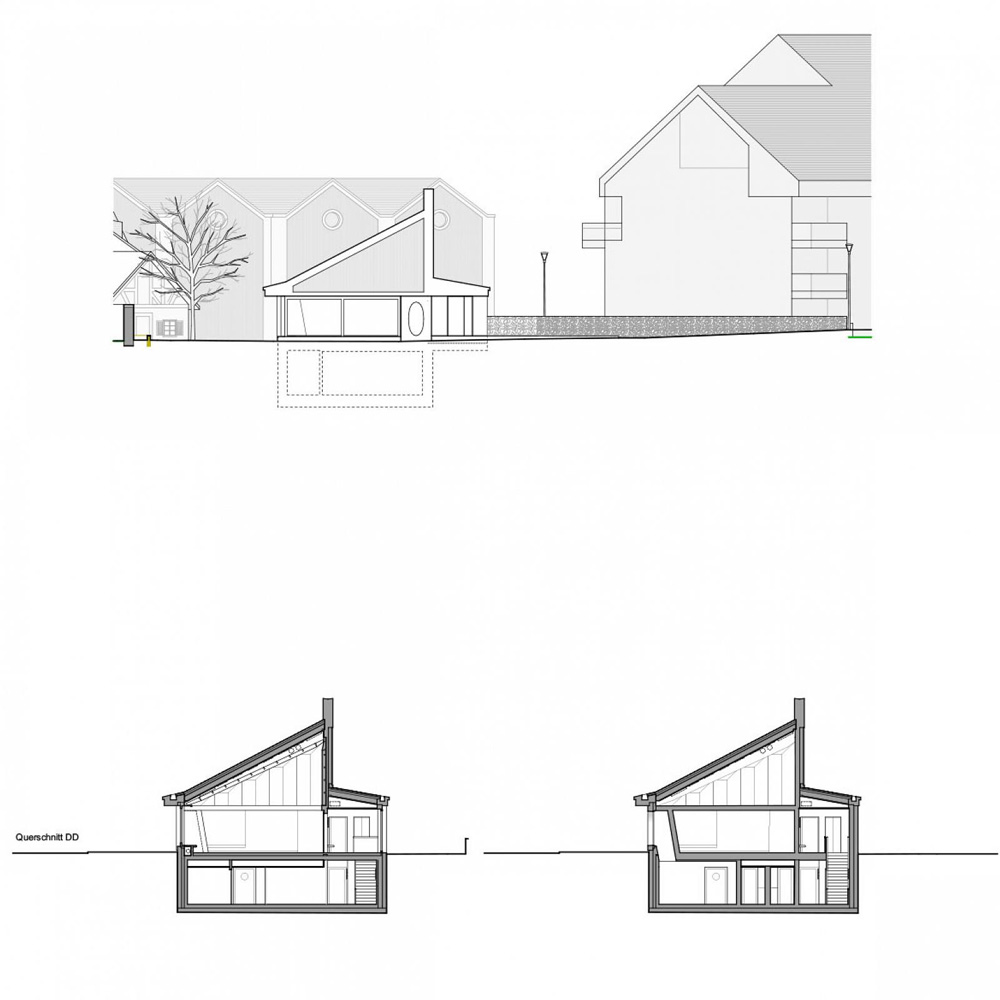 asymmetrical pitched roof tops parish hall by joos & mathys + daniel nyffeler in switzerland