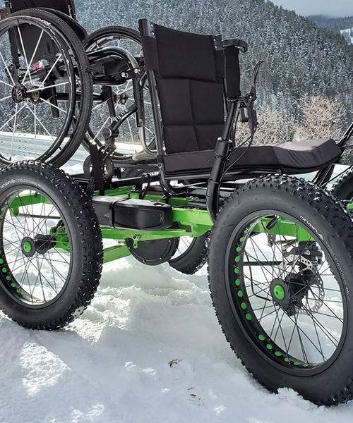 the rig is a fully electric, all-terrain off-road wheelchair