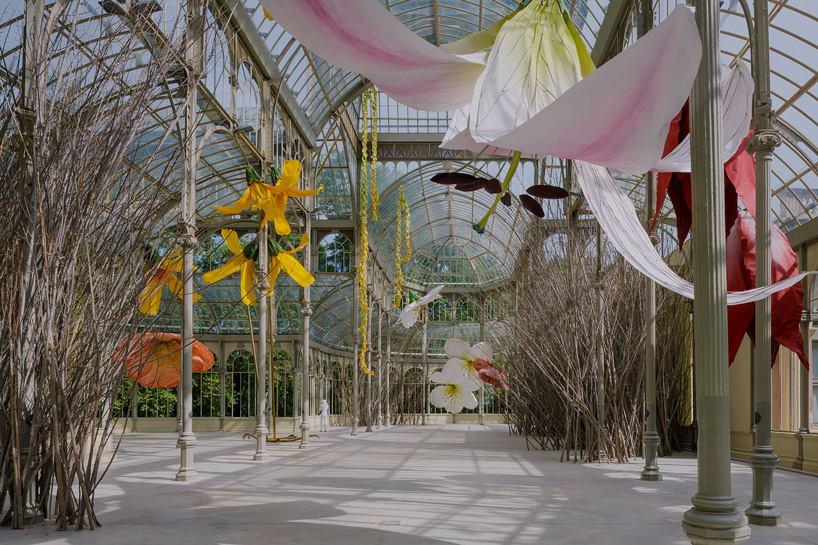 petrit halilaj turns madrid's palacio de cristal into nest of giant flowers