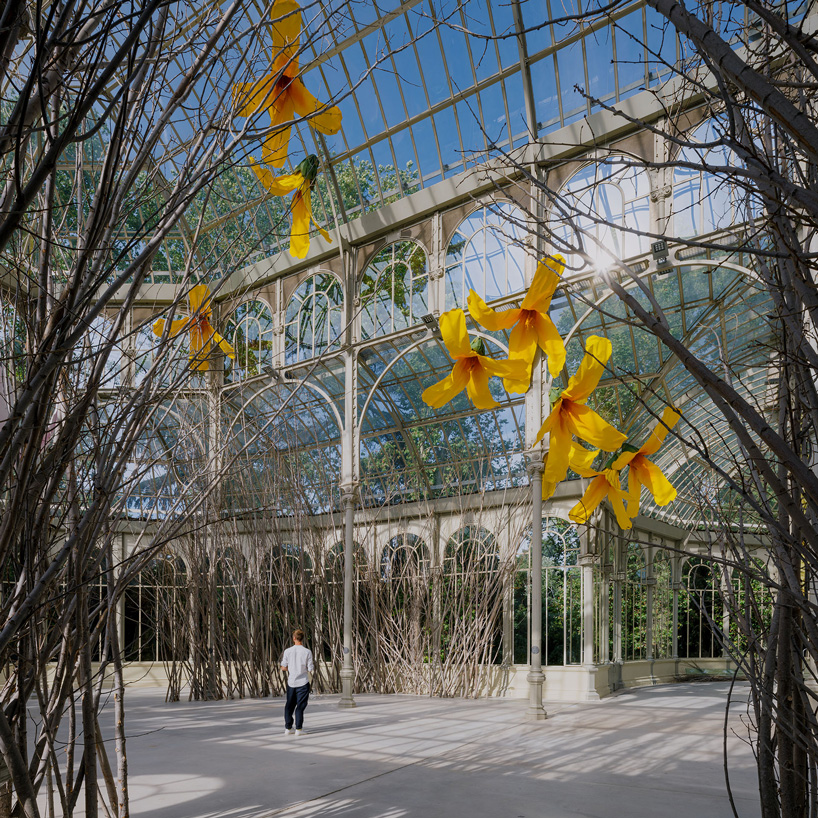 petrit halilaj turns madrid's palacio de cristal into nest of giant flowers