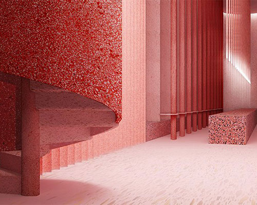 shades of red + terrazzo tile surfaces form 'carmine café' in saudi arabia