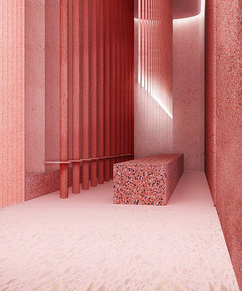 shades of red + terrazzo tile surfaces form 'carmine café' in saudi arabia