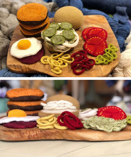feast your eyes upon this woolly, high-in-fiber crocheted burger with fixings