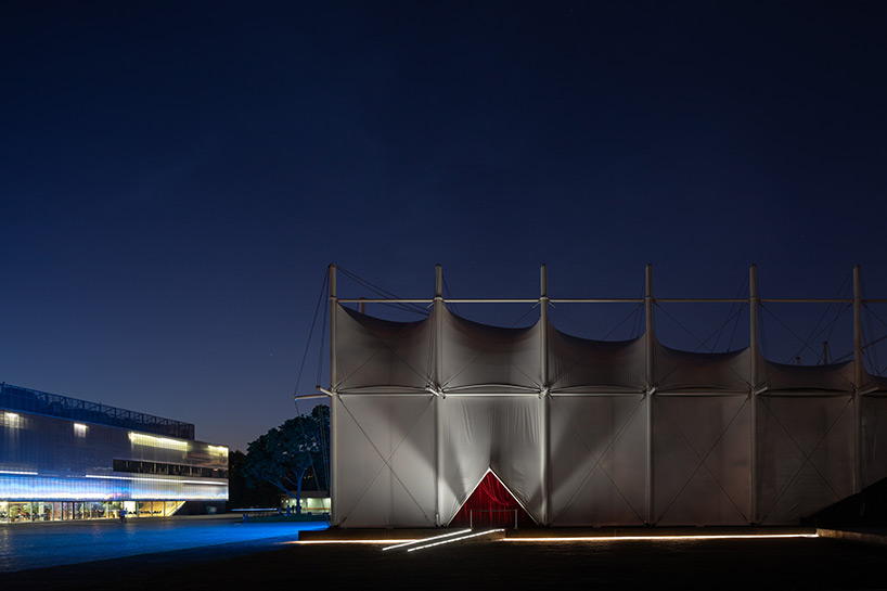 SNKH's pop-up cinema at moscow's garage museum resembles an inverted bedouin tent