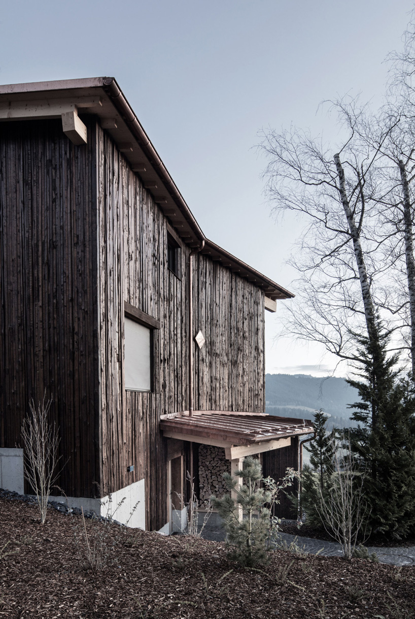 atelier risi combines tree bark + concrete for the exterior of this house in böschi, switzerland