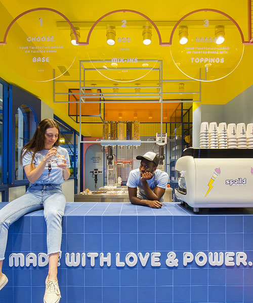 bright color contrasts + graphic lettering realize ice cream store by studiomateriality in greece