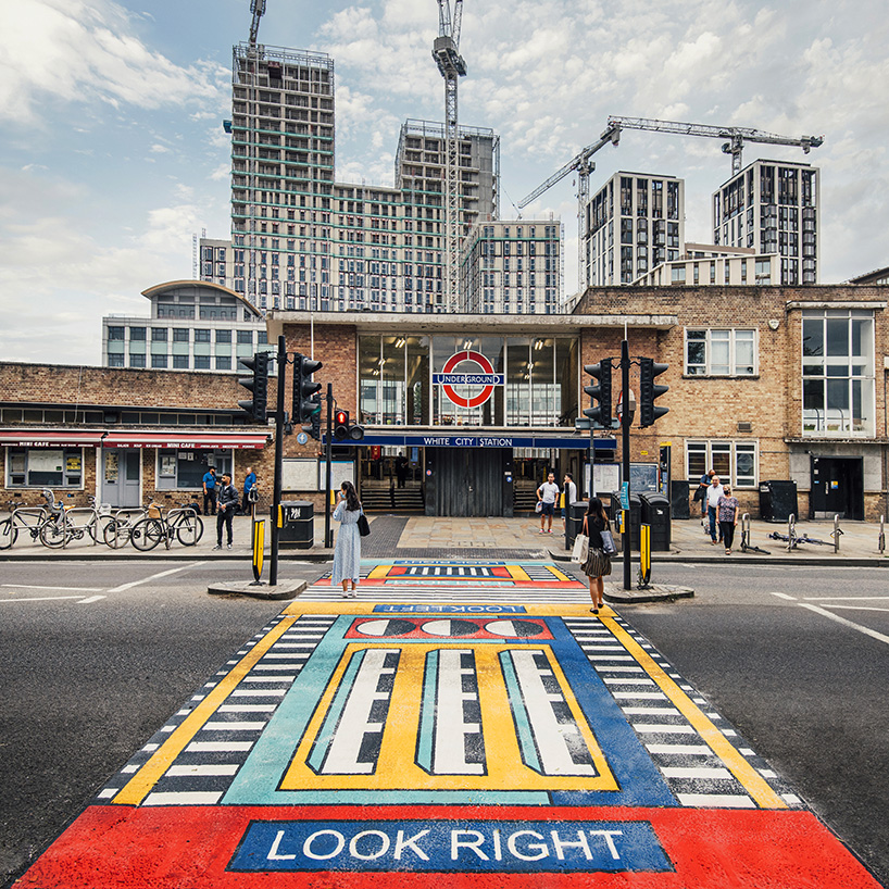 camille walala transforms  london's white city place with colorful geometric patterns