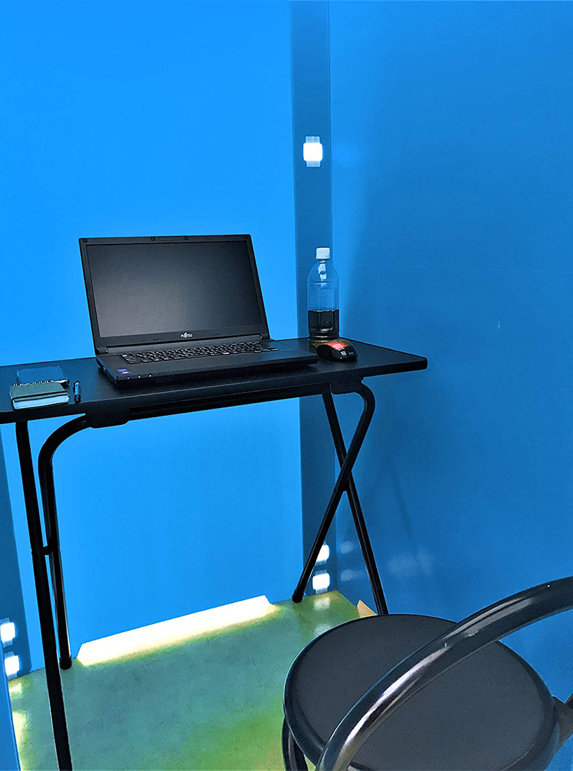 colorful koshitsu-dana partitions assemble private workspaces within rooms