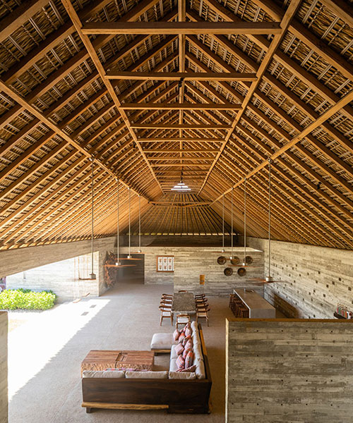 dried palm tree leaves and local wood form roof of vacation house in mexico