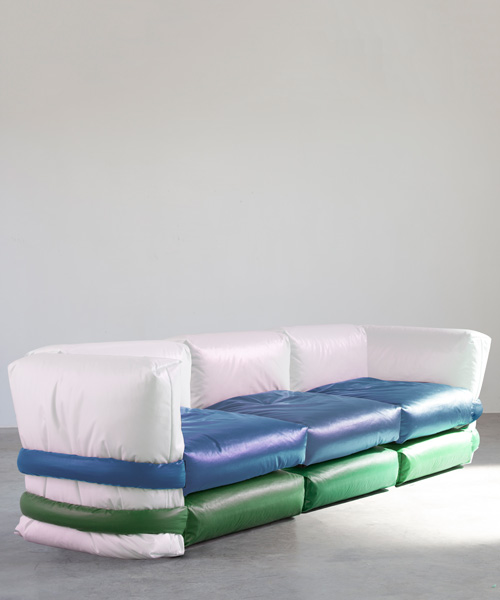 muller van severen's modular 'pillow sofa' for KASSL editions is wrapped in oil-coated fabric